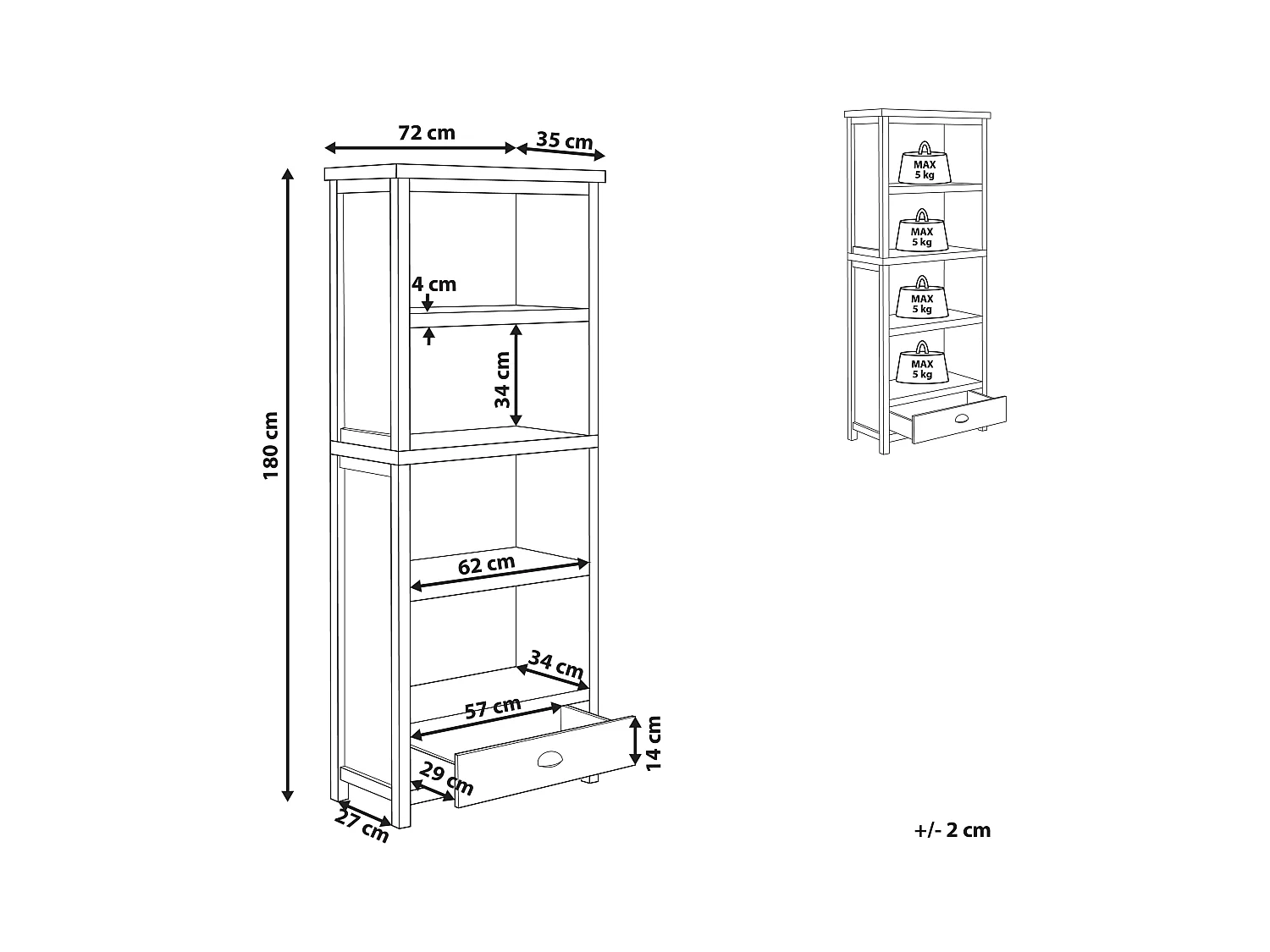 Hohes Bücherregal grau / heller Holzfarbton 4 Fächer 1 Schublade Landhaus Clio
