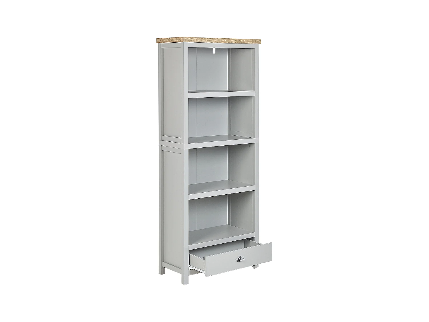 Hohes Bücherregal grau / heller Holzfarbton 4 Fächer 1 Schublade Landhaus Clio