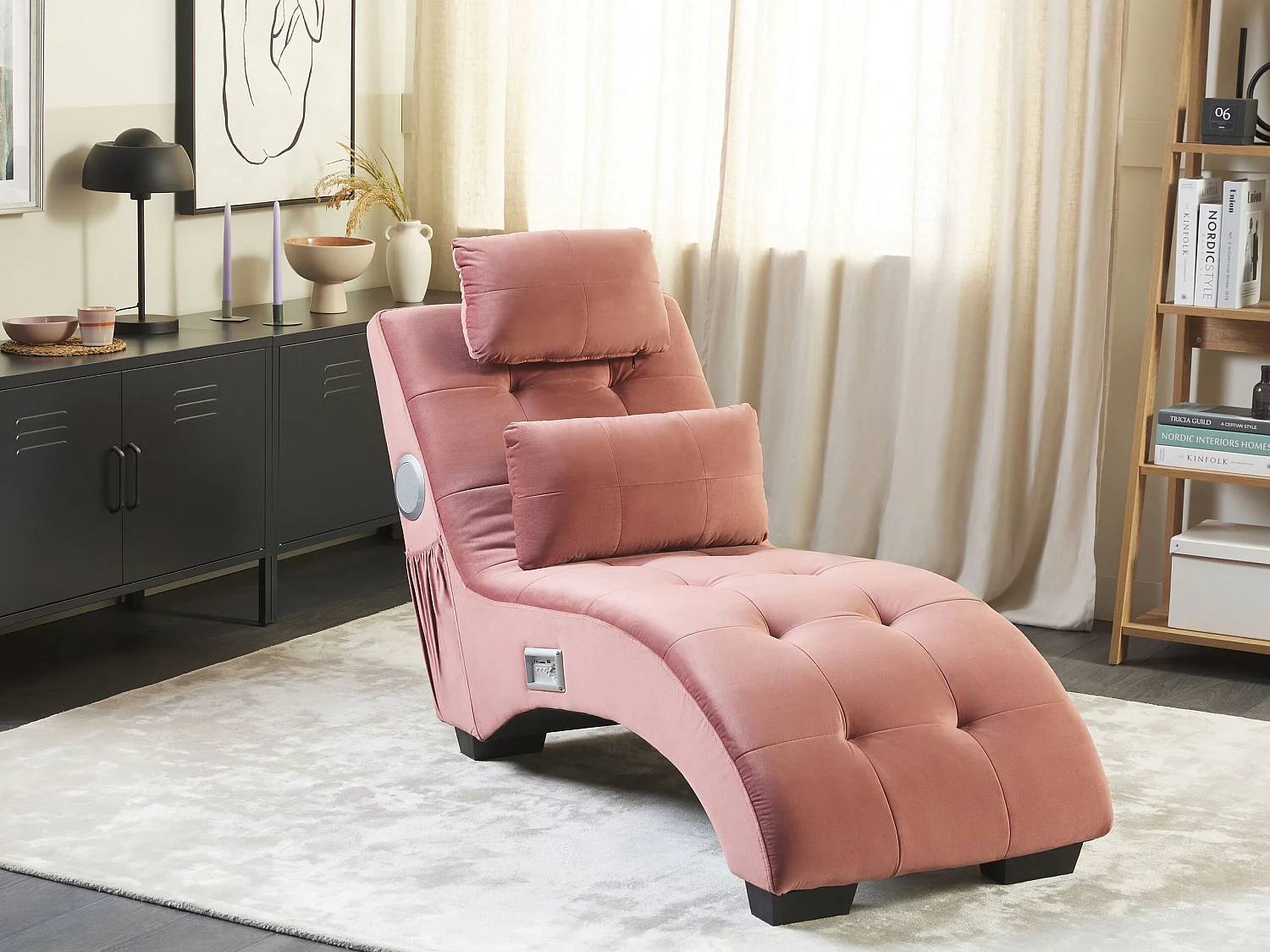 Chaise longue SIMORRE Velluto Rosa pastello con altoparlante Bluetooth integrato