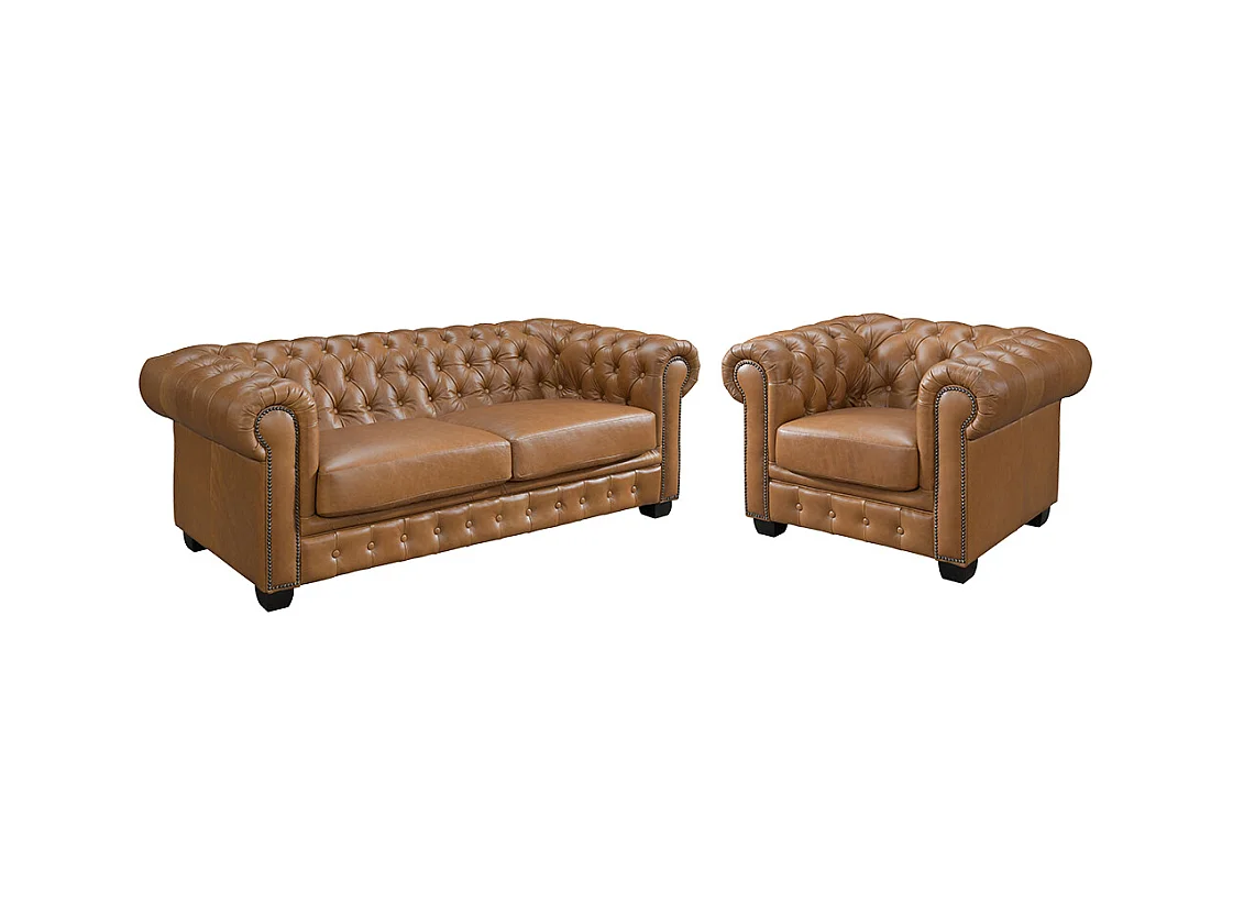 Komplet wypoczynkowy typu chesterfield 3+1BRENTON 100% skóry bawolej - Kolor: karmelowy vintage