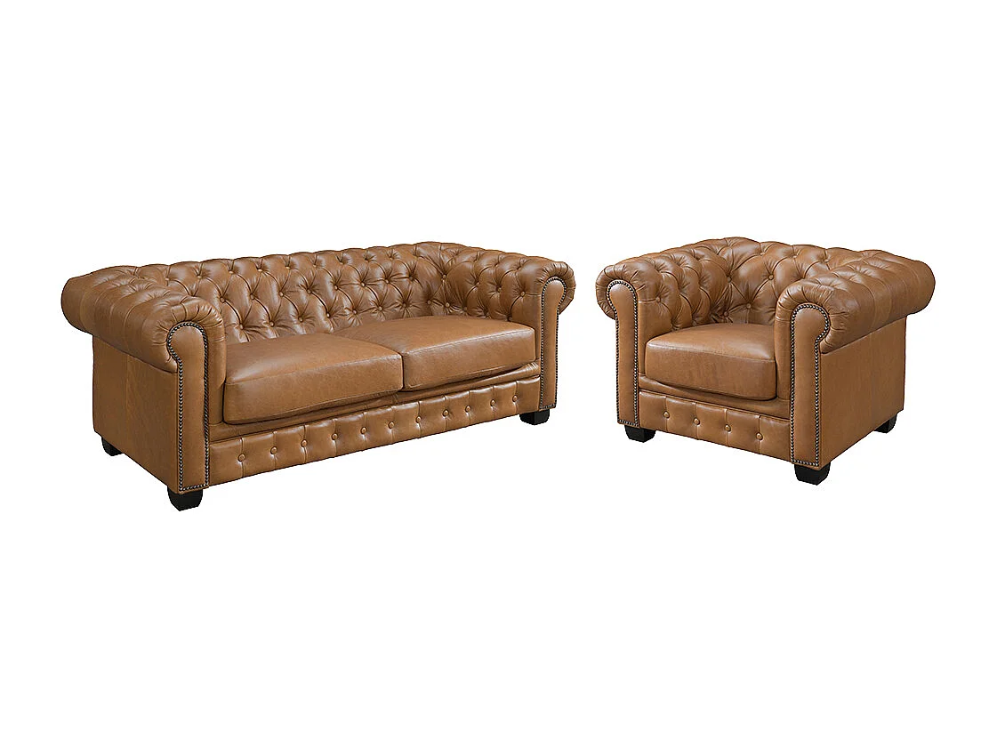Canapé chesterfield 3 places et un fauteuil BRENTON 100% cuir de buffle premium - Caramel vintage