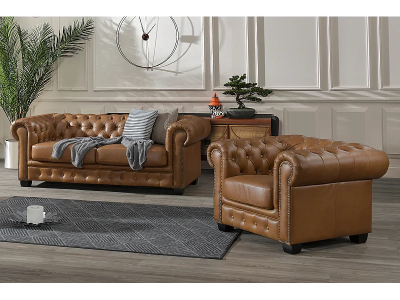 Divano chesterfield 3+1 posti 100% Pelle di bufalo Caramello Vintage - BRENTON