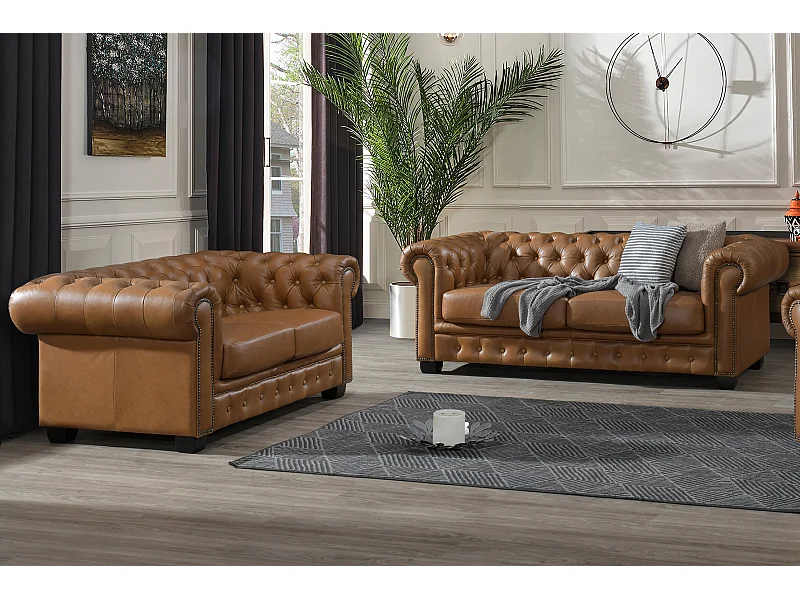 Chesterfield zitbank 3 + 2 plaatsen BRENTON 100% buffelleer - Vintage caramel