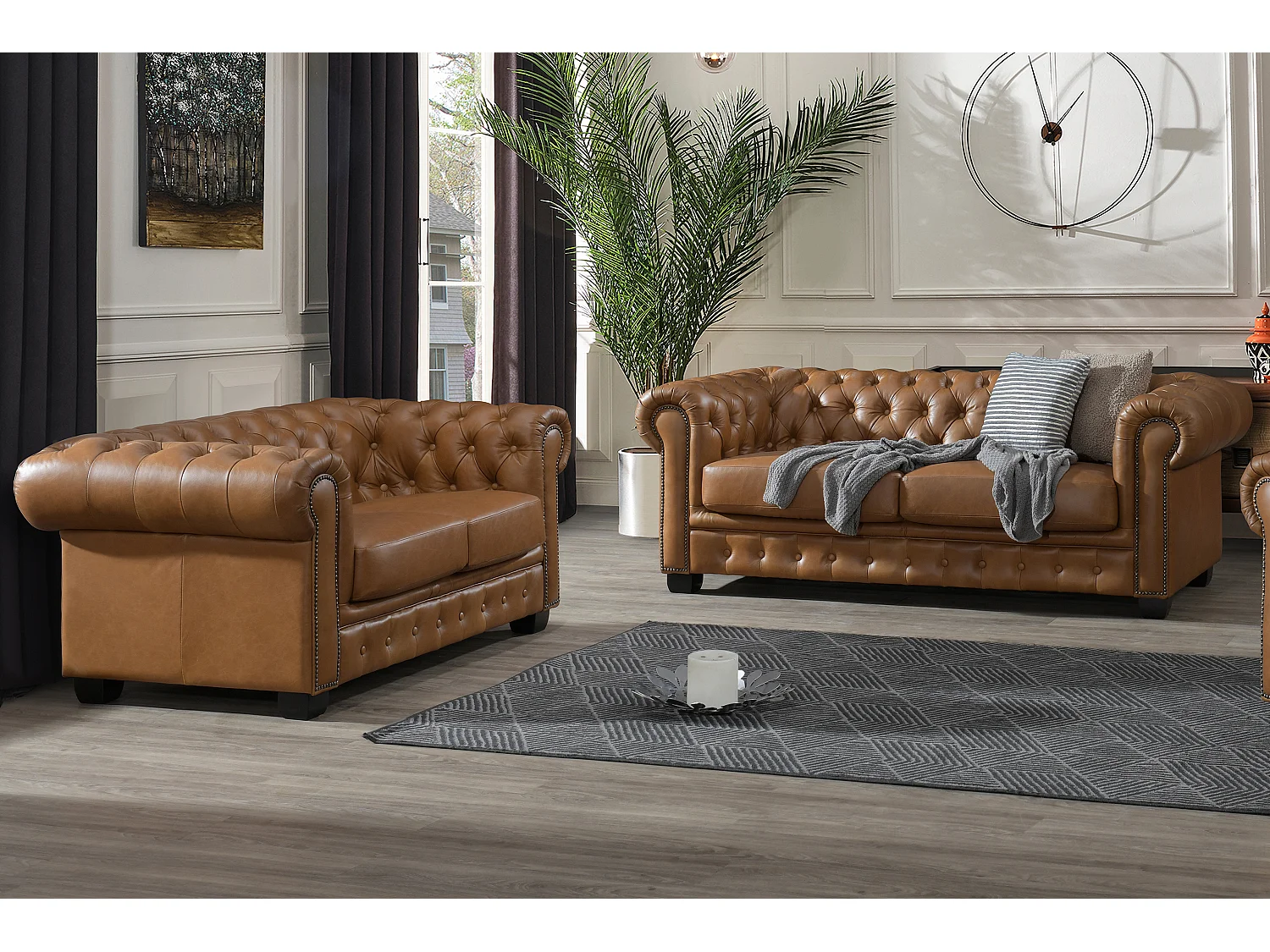 Sofá chesterfield 3+2 lugares BRENTON 100% pele de búfalo superior cor caramelo vintage