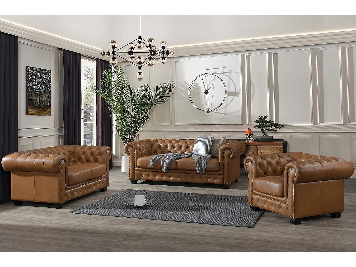 Canapés chesterfield 3 places 2 places et un fauteuil BRENTON 100% cuir de buffle premium - Caramel vintage