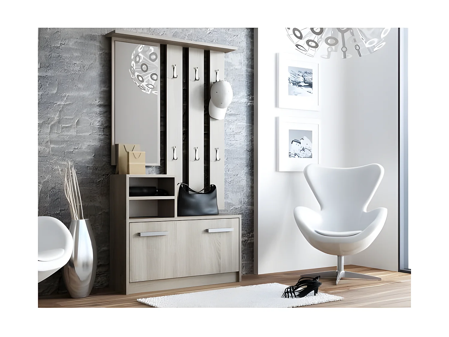 VITTORIA - Meuble d'entrée contemporain 6 crochets + miroir + rangement chaussures 180x85x24 - Vestiaire - Aspect bois