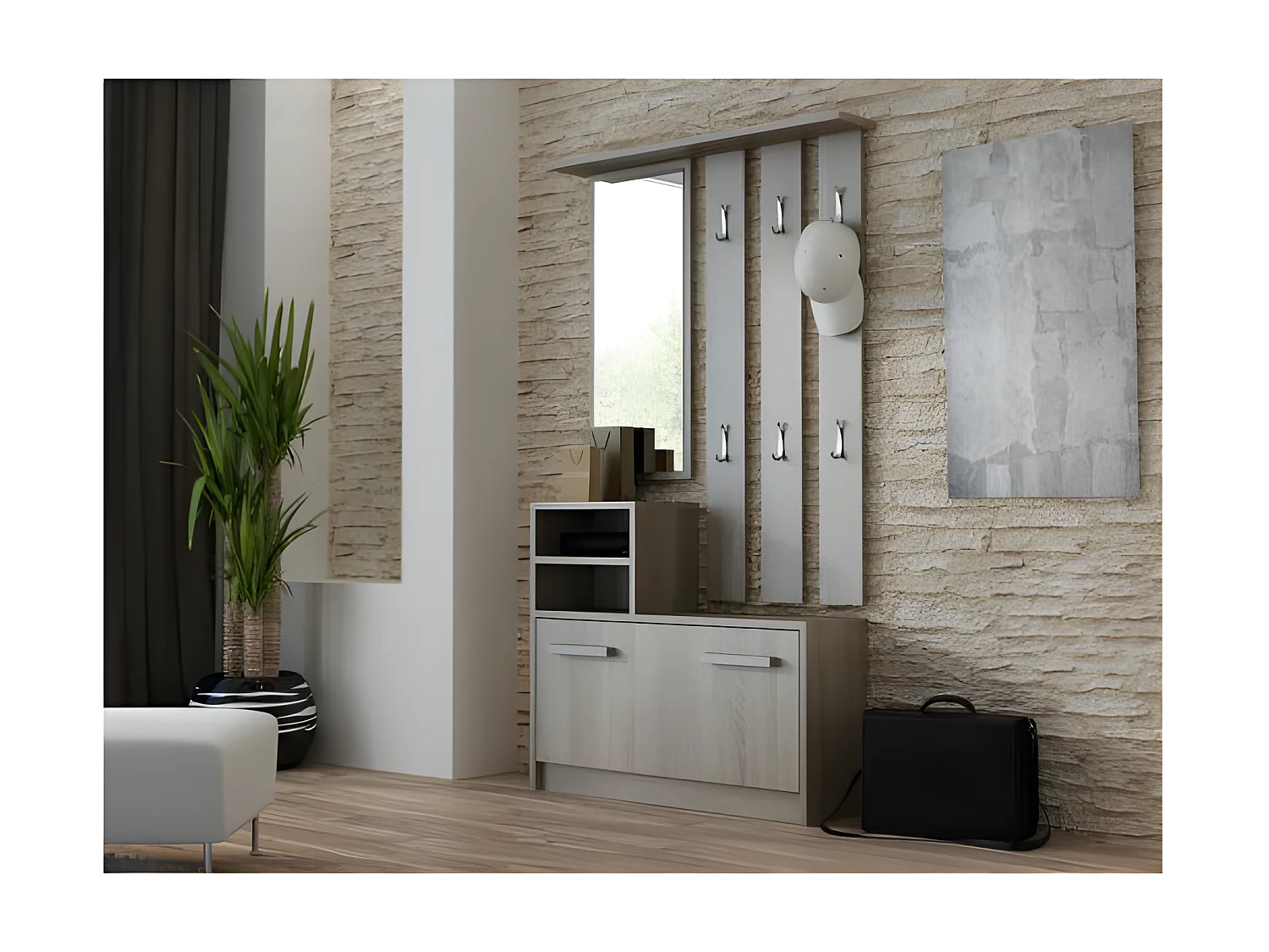 VITTORIA - Meuble d'entrée contemporain 6 crochets + miroir + rangement chaussures 180x85x24 - Vestiaire - Aspect bois