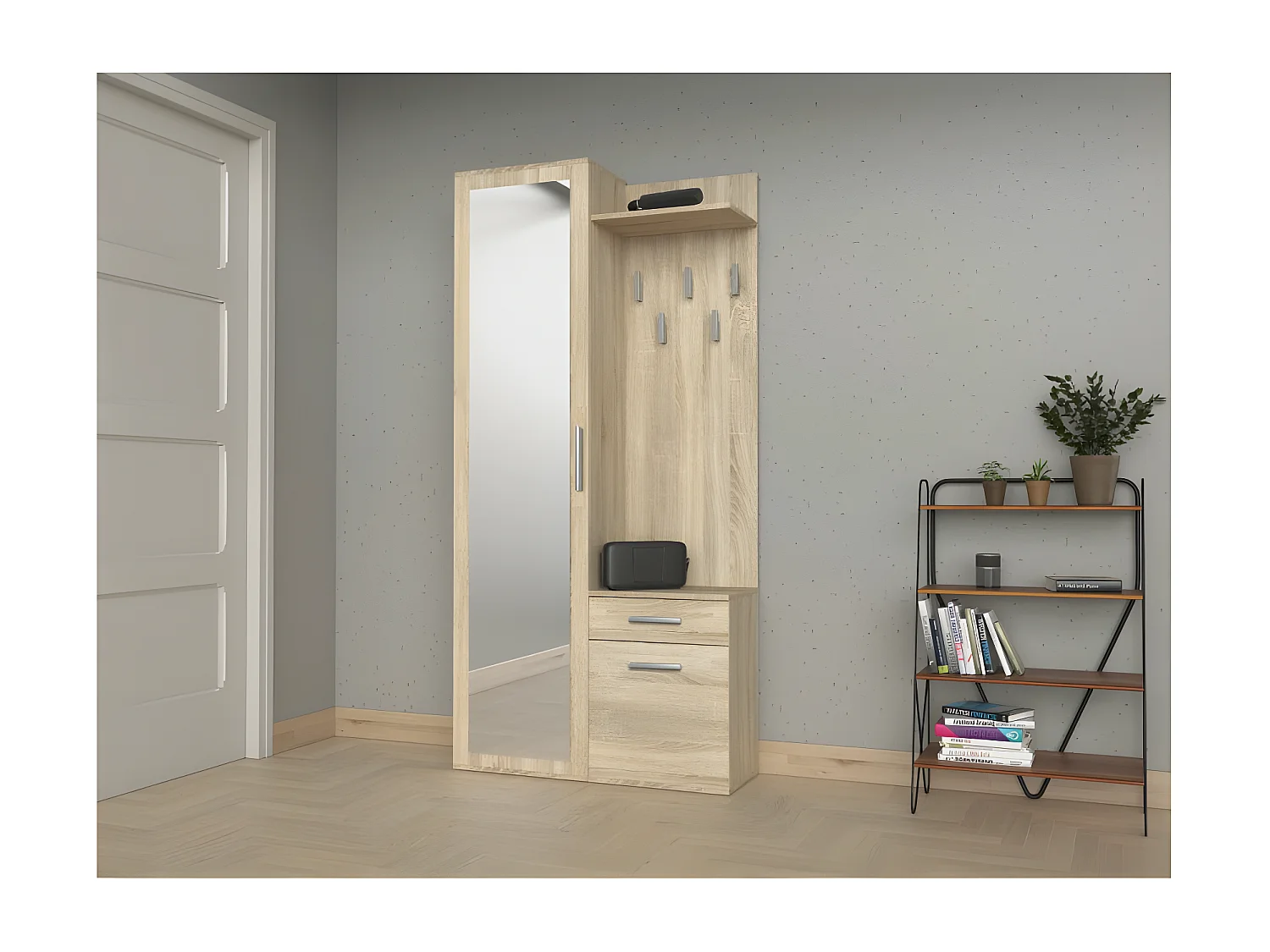 SHEILA | Vestiaire avec miroir entrée | Armoire + porte-manteau  | Rangements chaussures + miroir + crochets