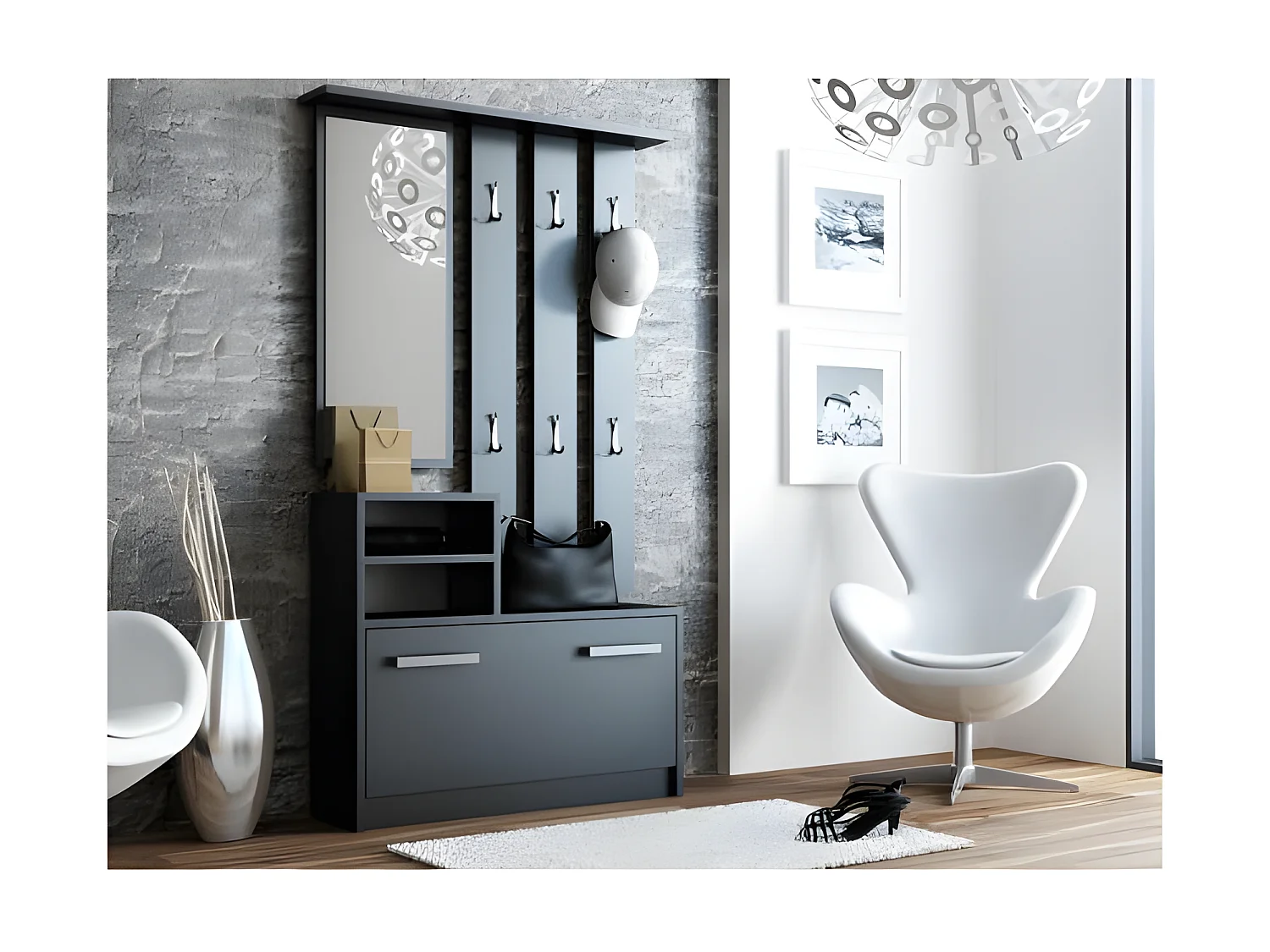 VITTORIA - Mobile da ingresso moderno con 6 ganci + specchio + scarpiera 180x85x24 - Guardaroba - Effetto legno