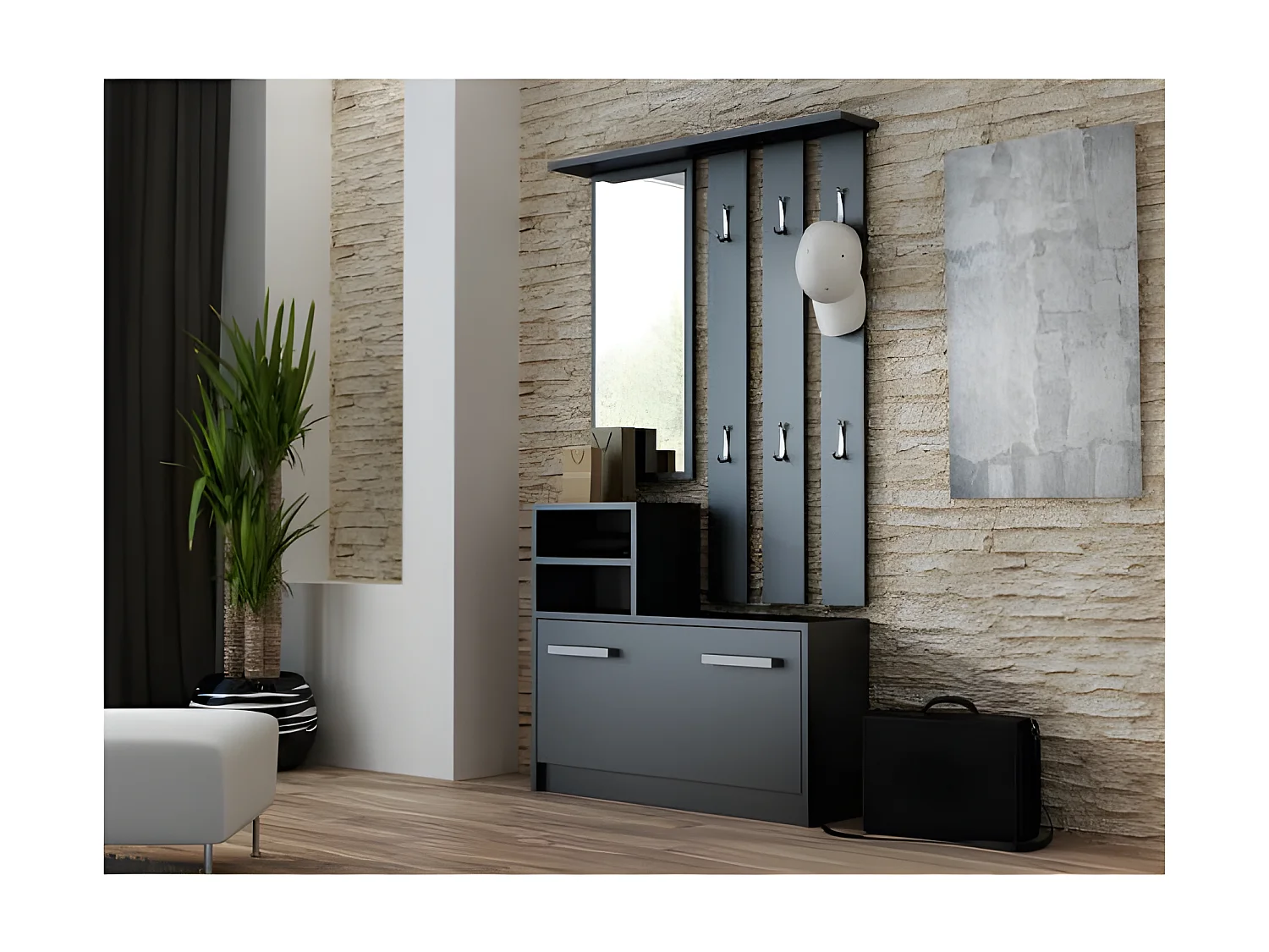 VITTORIA - Mobile da ingresso moderno con 6 ganci + specchio + scarpiera 180x85x24 - Guardaroba - Effetto legno