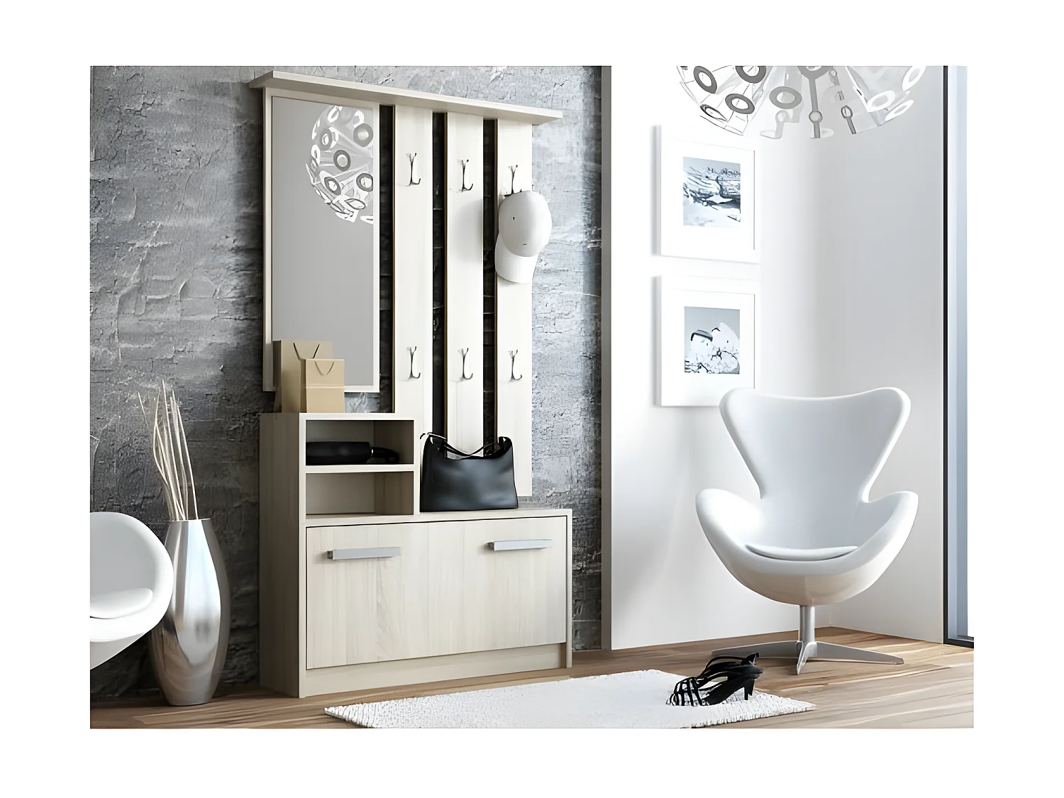 VITTORIA - Mueble recibidor - zapatero - 180x85x24cm - 6 ganchos + espejo + zapatero