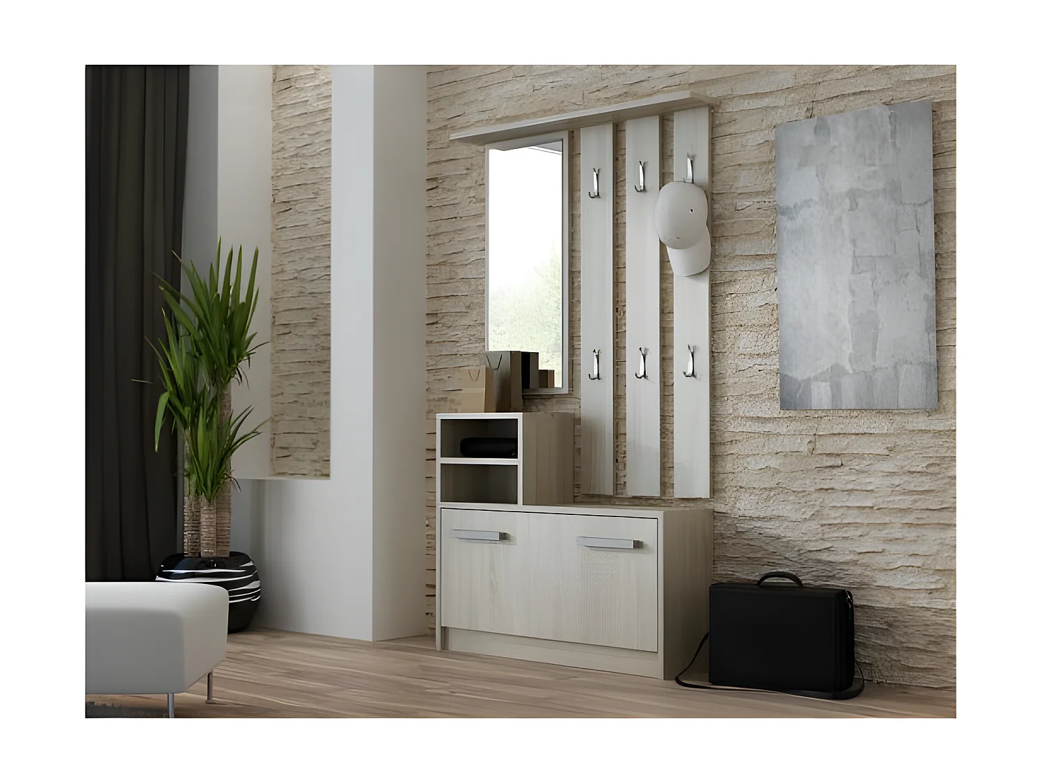 VITTORIA - Mueble recibidor - zapatero - 180x85x24cm - 6 ganchos + espejo + zapatero