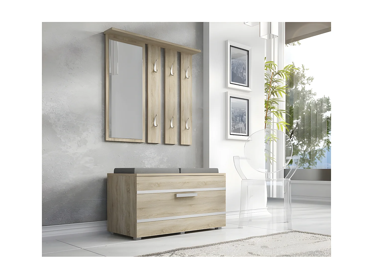 KATHI - Mueble de entrada con espejo + banco - 35x85x180 cm - Banco zapatero - 6 ganchos - Guardarropa