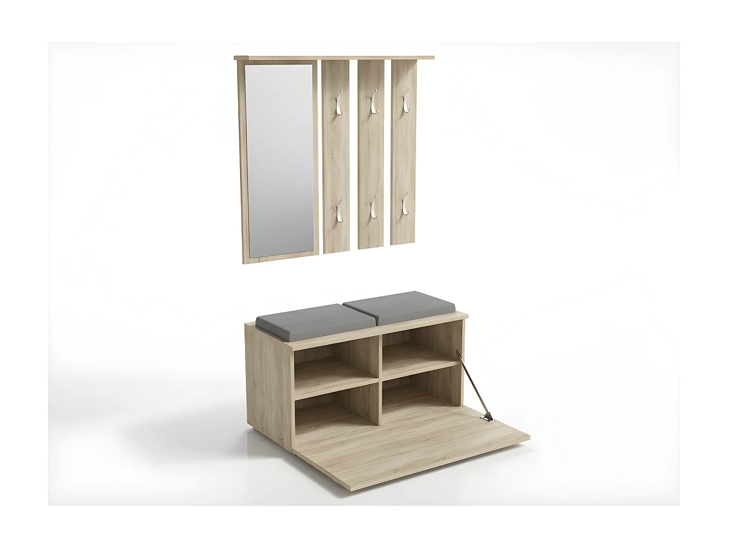 KATHI - Mueble de entrada con espejo + banco - 35x85x180 cm - Banco zapatero - 6 ganchos - Guardarropa