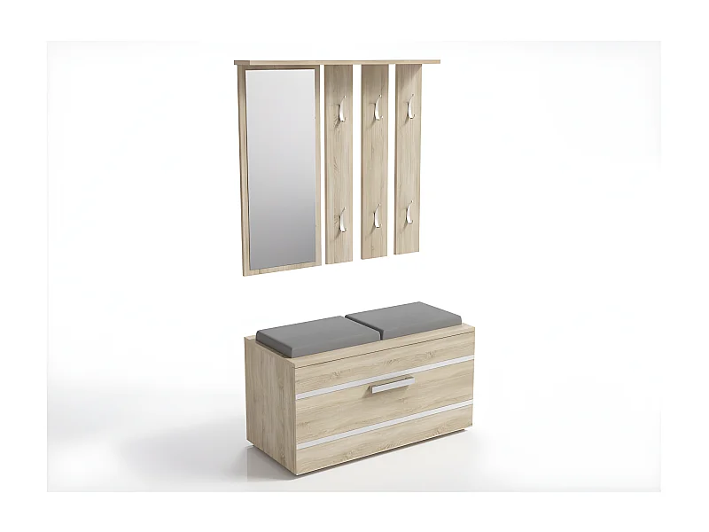 CDF Garderobe Opal | Farbe: Eiche Sonoma | Großer Spiegel | Kleiderbügel | Geräumiger Schuhschrank | Ideal für Diele, Flur | Praktische Ablagen | Modernes Design