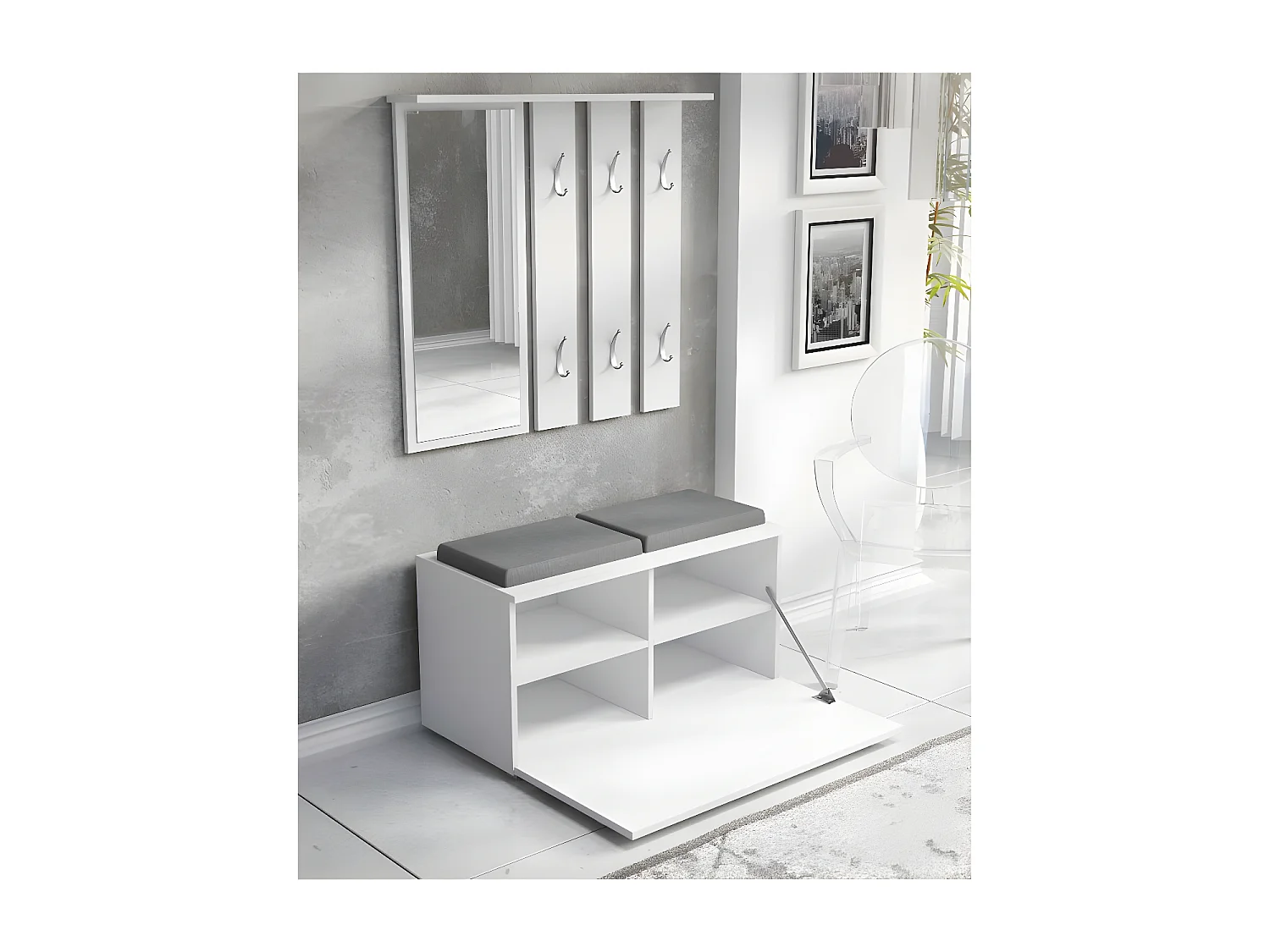 CDF Garderobe Opal | Farbe: Weiß | Großer Spiegel | Kleiderbügel | Geräumiger Schuhschrank | Ideal für Diele, Flur | Praktische Ablagen | Modernes Design