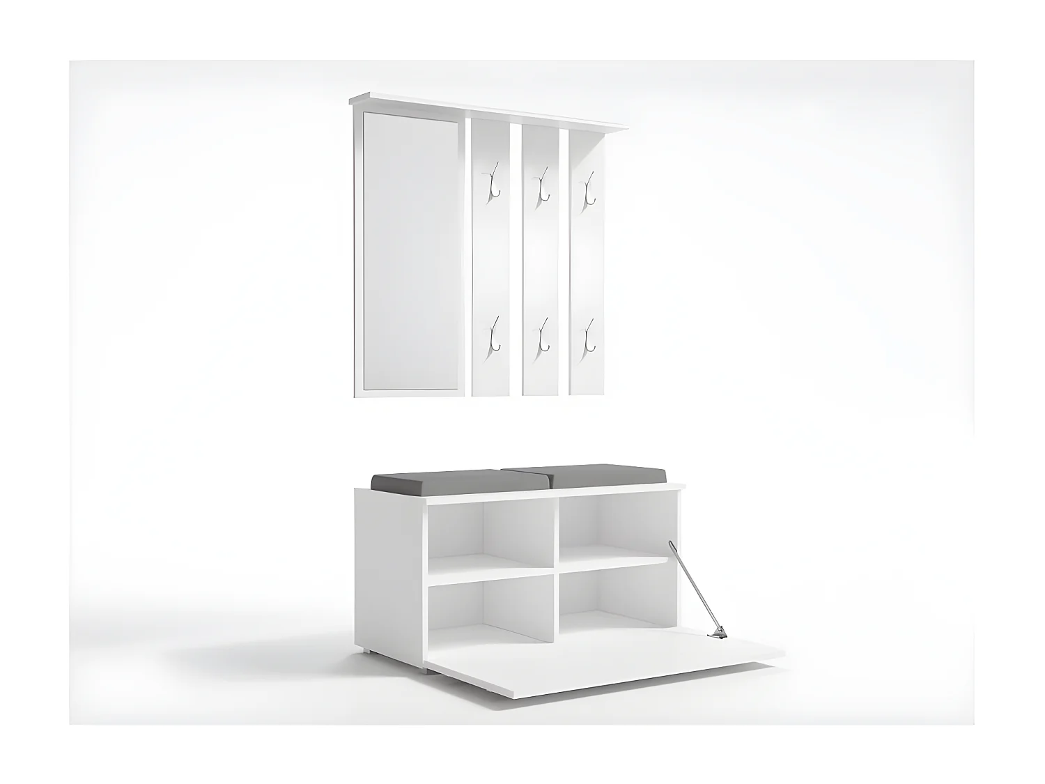CDF Garderobe Opal | Farbe: Weiß | Großer Spiegel | Kleiderbügel | Geräumiger Schuhschrank | Ideal für Diele, Flur | Praktische Ablagen | Modernes Design