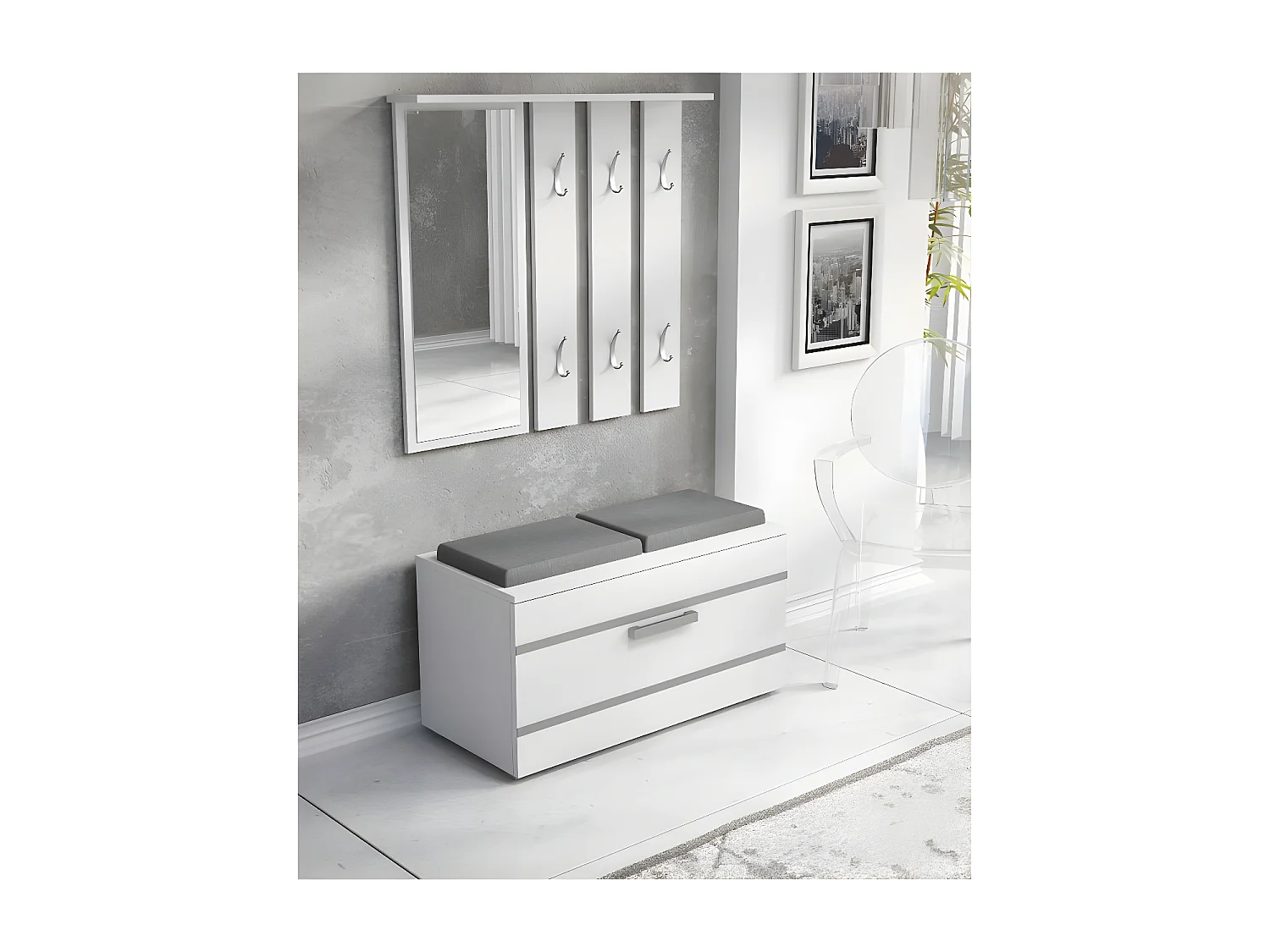 CDF Garderobe Opal | Farbe: Weiß | Großer Spiegel | Kleiderbügel | Geräumiger Schuhschrank | Ideal für Diele, Flur | Praktische Ablagen | Modernes Design