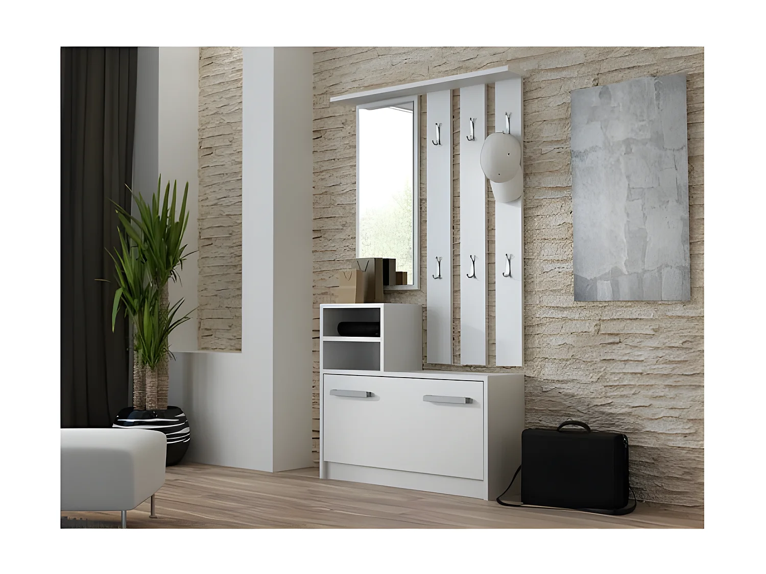 CDF Garderobe | Farbe: Weiß | Großer Spiegel | Kleiderbügel | Geräumiger Schuhschrank | Ideal für Diele, Flur | Praktische Ablagen | Modernes Design