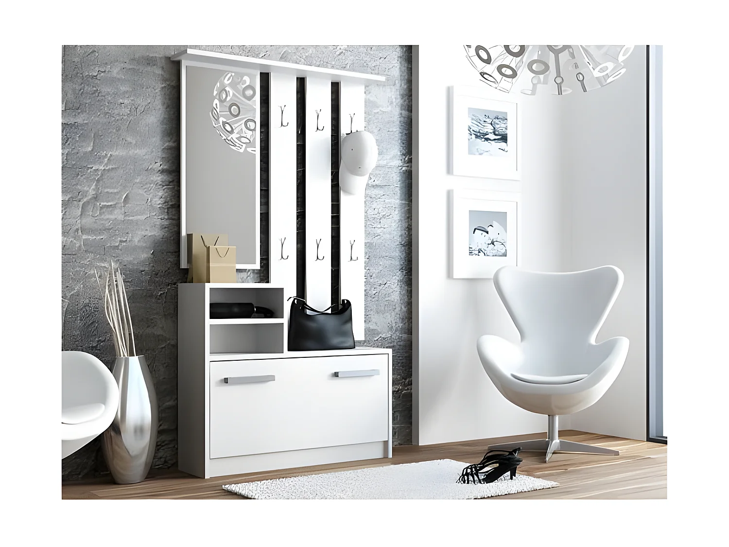 VITTORIA - Meuble d'entrée contemporain 6 crochets + miroir + rangement chaussures 180x85x24 - Vestiaire