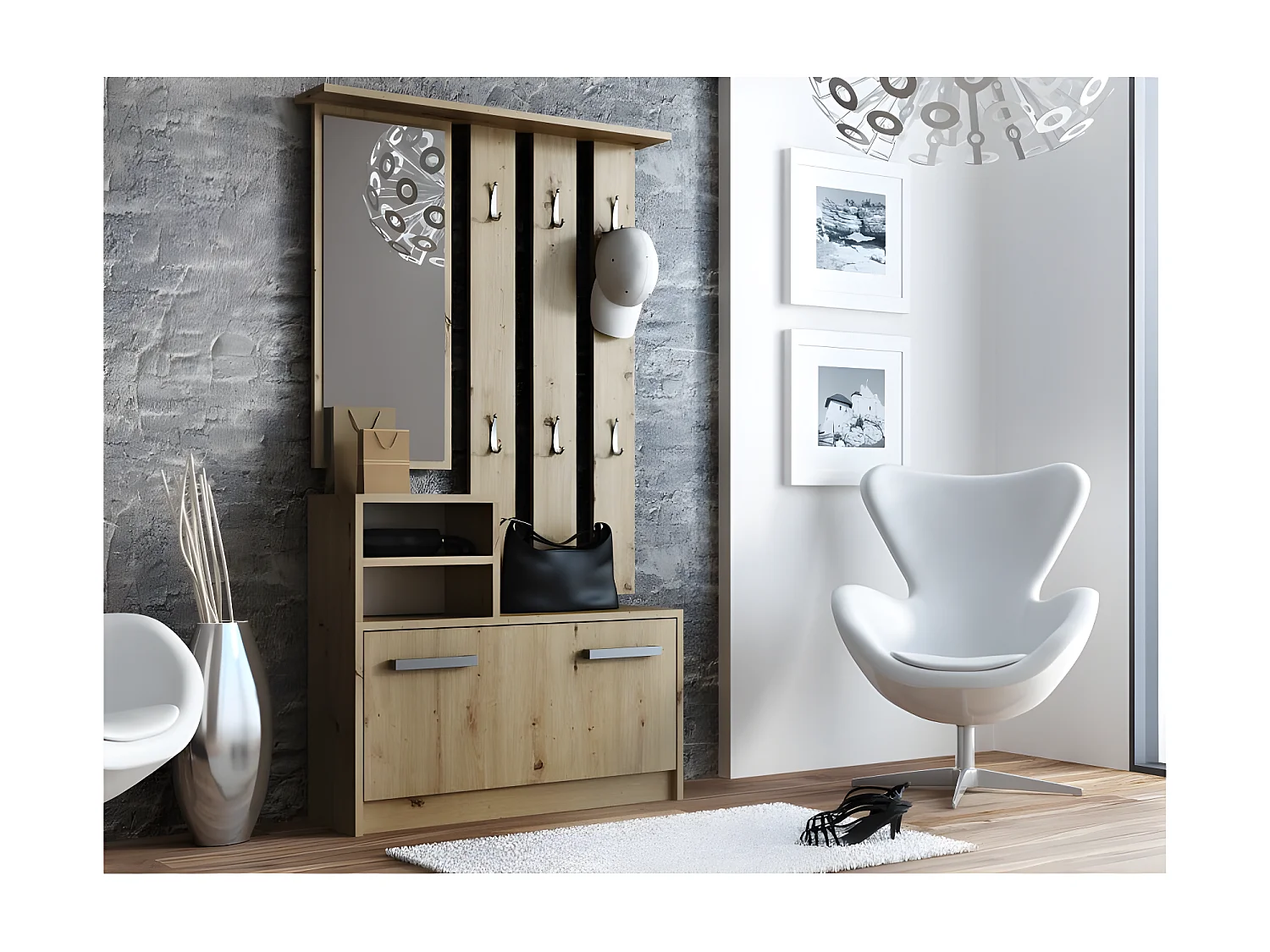 VITTORIA - Mueble recibidor moderno 6 ganchos + espejo + zapatero - 180x85x24 - guardarropa - imitación madera