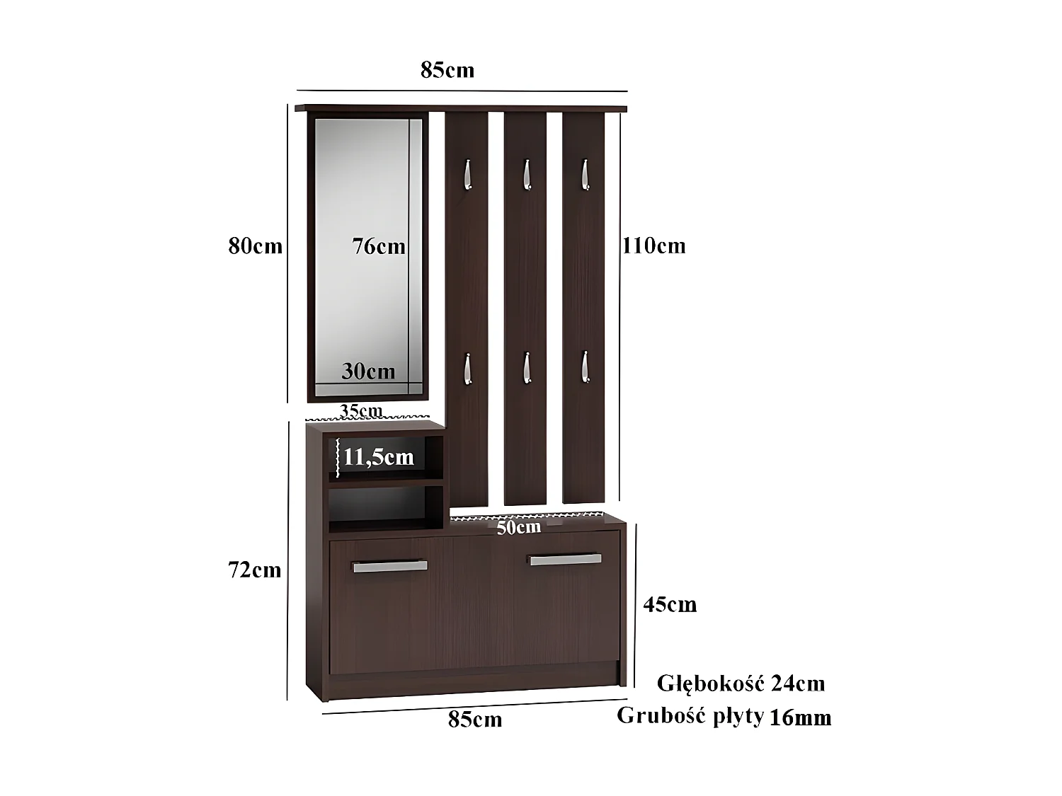 VITTORIA - Mueble recibidor moderno 6 ganchos + espejo + zapatero - 180x85x24 - guardarropa - imitación madera