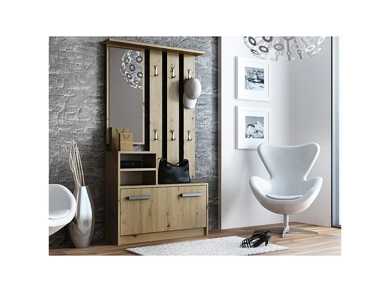 CDF Garderobe | Farbe: Eiche Artisan | Großer Spiegel | Kleiderbügel | Geräumiger Schuhschrank | Ideal für Diele, Flur | Praktische Ablagen | Modernes Design