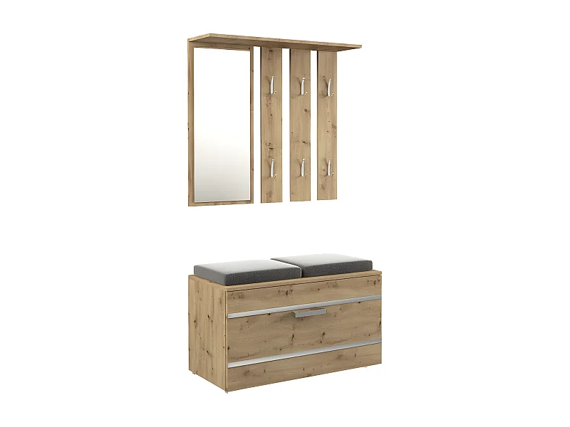KHATI | Mueble entrada espejo + banco | Dimensiones 41x85x180 | Banco de almacenamiento de zapatos | 6 ganchos | Vestuario