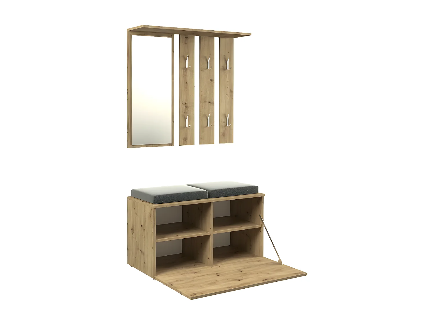 KHATI | Mueble entrada espejo + banco | Dimensiones 41x85x180 | Banco de almacenamiento de zapatos | 6 ganchos | Vestuario