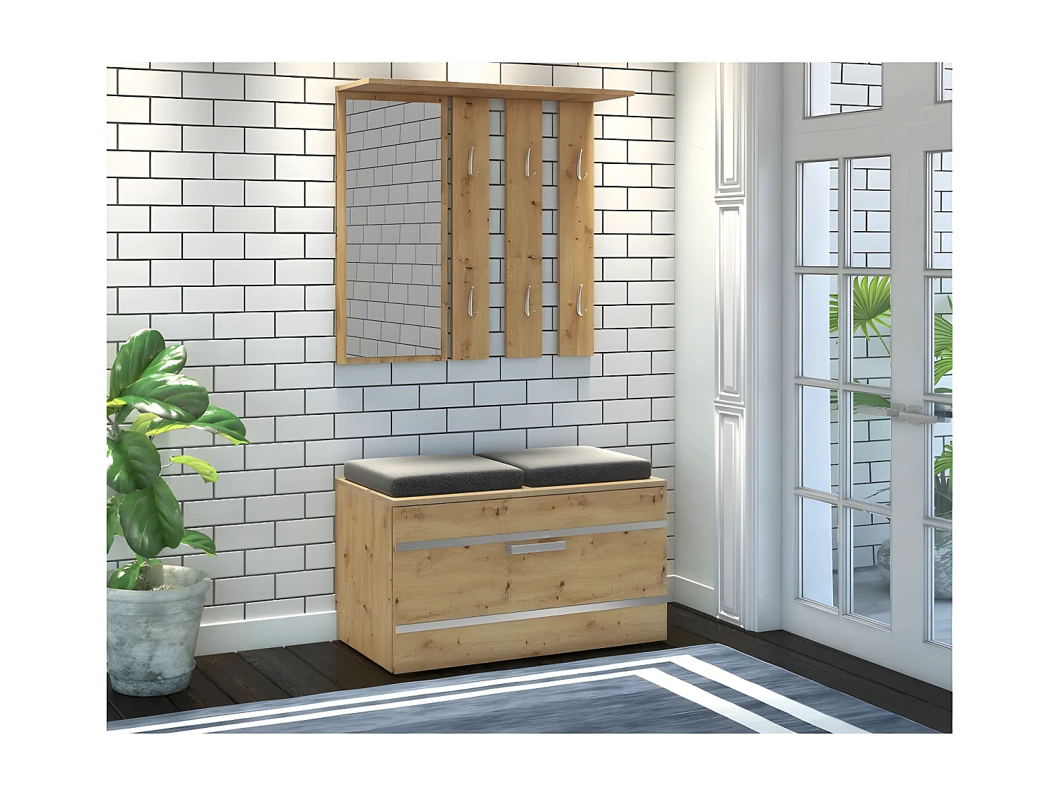 KHATI | Mueble entrada espejo + banco | Dimensiones 41x85x180 | Banco de almacenamiento de zapatos | 6 ganchos | Vestuario