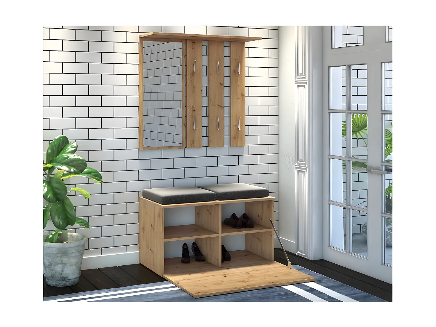 KHATI | Mueble entrada espejo + banco | Dimensiones 41x85x180 | Banco de almacenamiento de zapatos | 6 ganchos | Vestuario