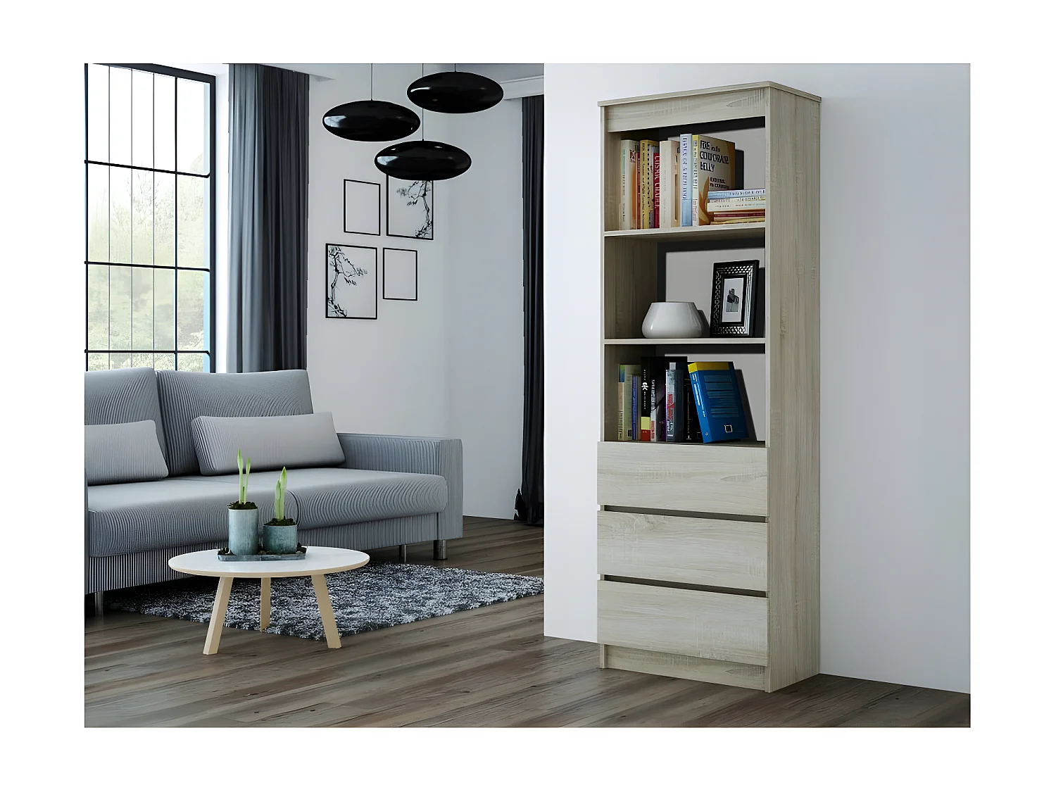 CATANIA - Libreria moderna 3 cassetti + 2 ripiani - 180x60x35 - Mobile contenitore - Librerie decorative - Aspetto legno