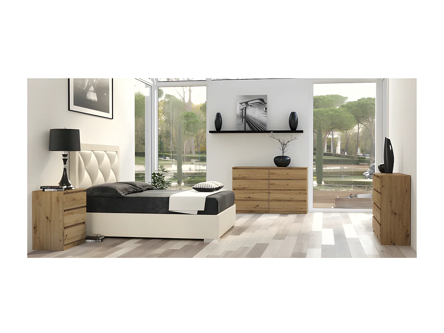 MILAN - Commode large  8 tiroirs chambre salon - 97x138x40 - Design minimaliste - Meuble de rangement - Aspect bois