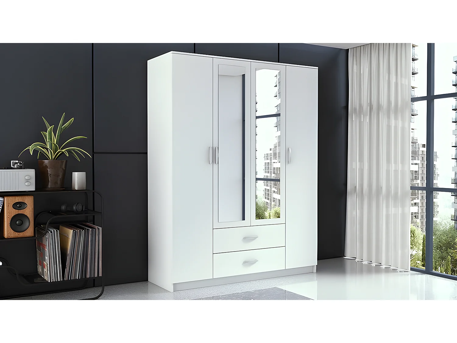 ROMA | Grande Armoire chambre bureau | Penderie multifonctions | 2 portes | 2 Miroirs | 2 tiroirs | Meuble de rangement | Etagères