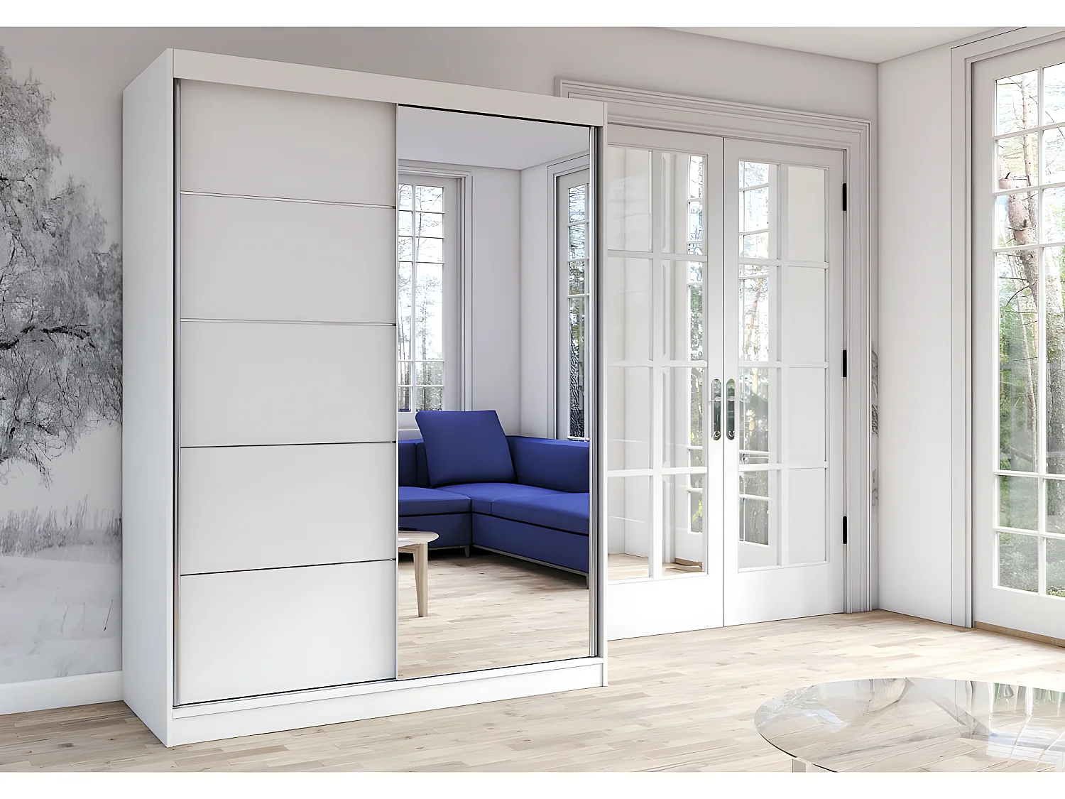 KALKE - Grande armoire à portes coulissantes - Miroir - 5 étagères + tringle - 150x61x200 cm