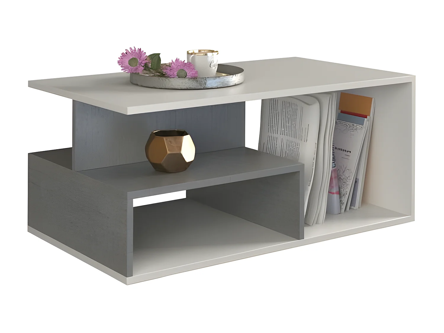 SIENNE - Table basse de salon - 90x51x43 - Table à café -  Avec rangement - Finition blanc mat + Imitation béton