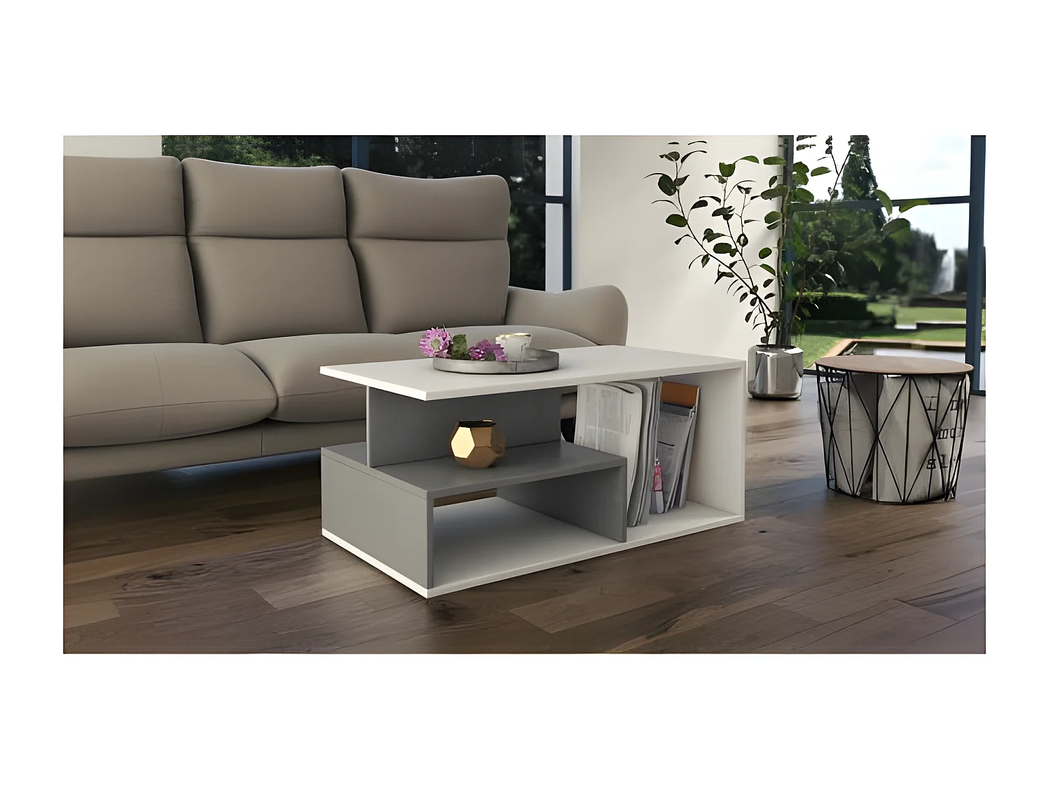 SIENNE - Table basse de salon - 90x51x43 - Table à café -  Avec rangement - Finition blanc mat + Imitation béton