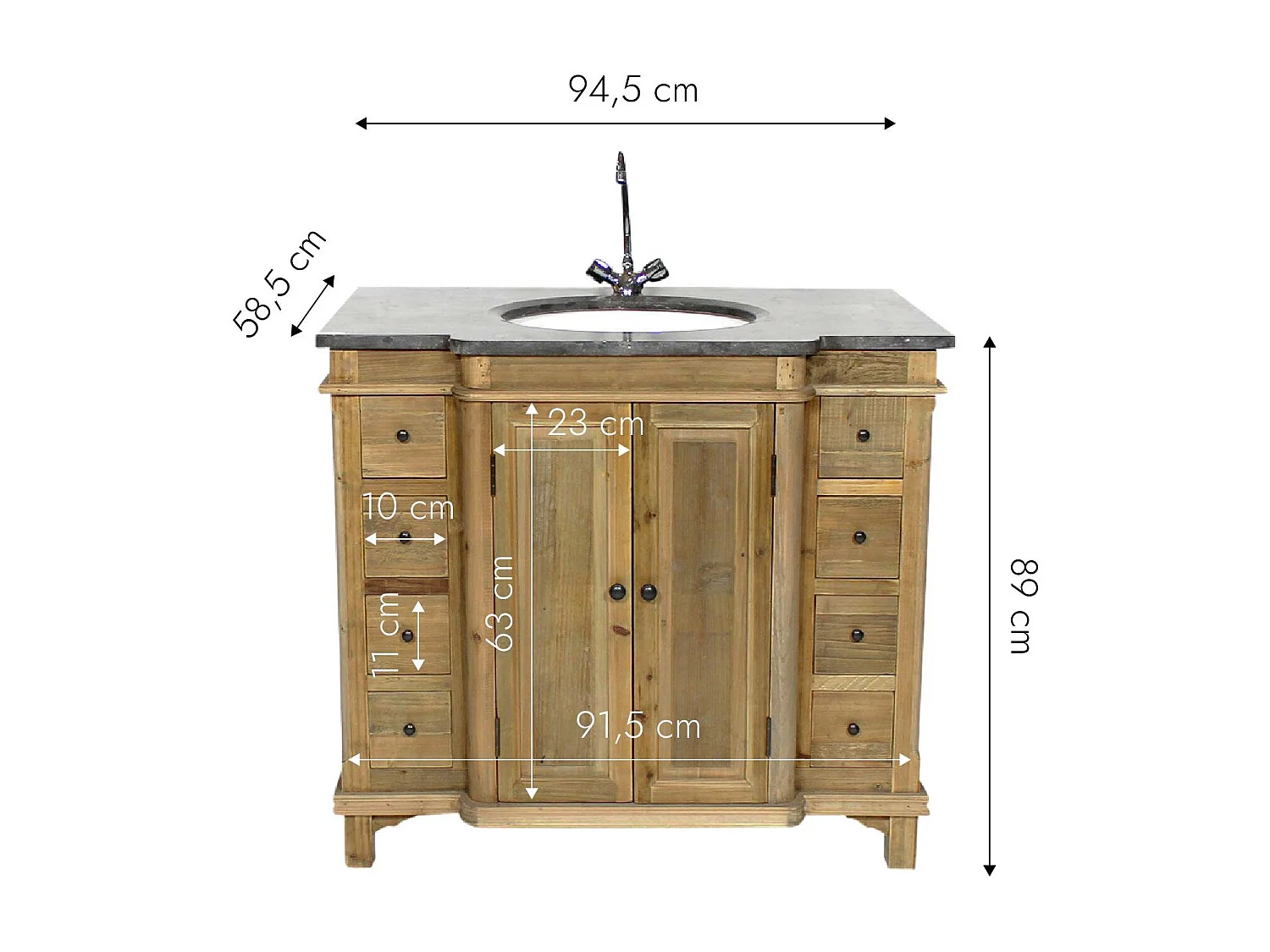 Mueble de baño de madera reciclada con lavabo integrado y almacenamiento