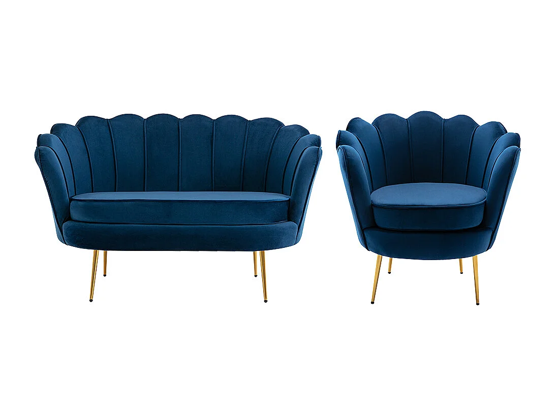 Set divano 2 posti e poltrona conchiglie in Velluto Blu notte - DANDELION