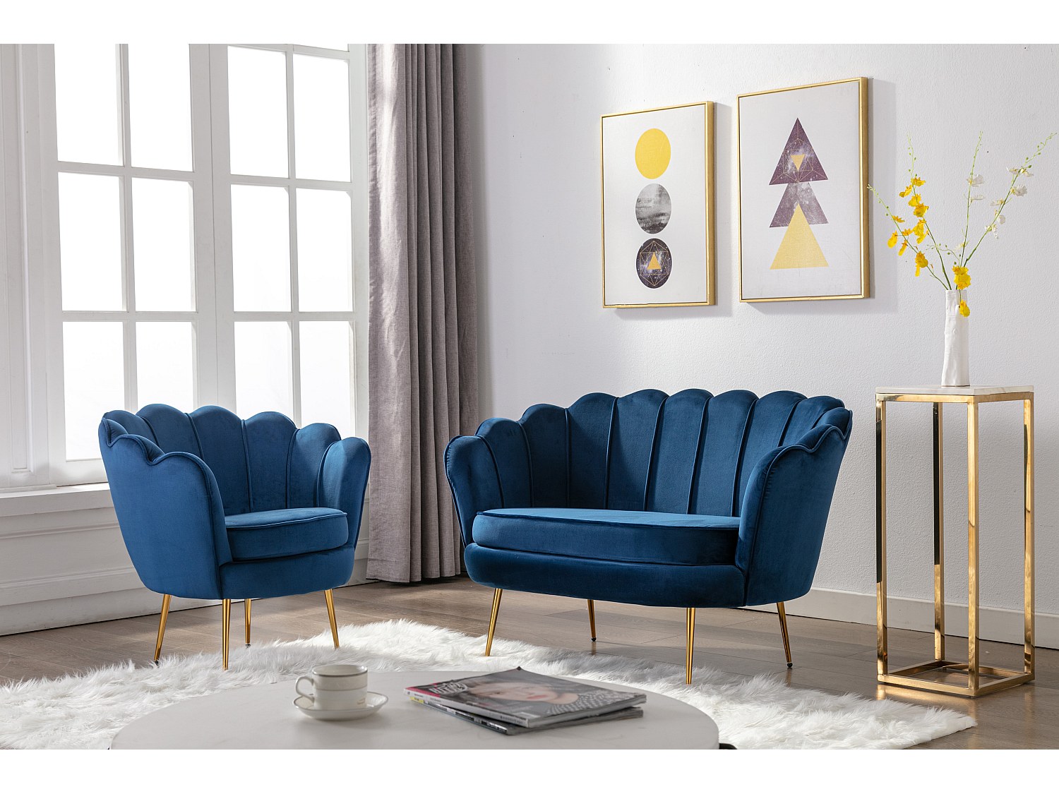 Vente-unique Couchgarnitur Muschel - Samt - Dunkelblau - Dandelion