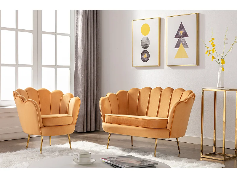 Canapé 2 places et fauteuil coquillage en velours jaune moutarde DANDELION de Pascal Morabito