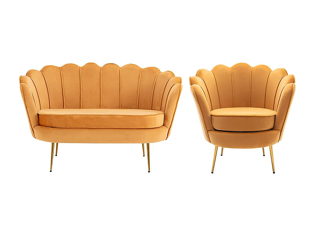 Conjunto sofá de 2 plazas y sillón de terciopelo amarillo mostaza DANDELION