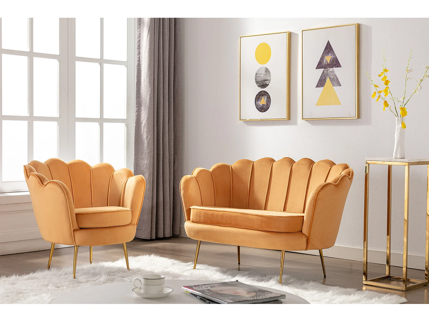Conjunto sofá de 2 plazas y sillón de terciopelo amarillo mostaza DANDELION