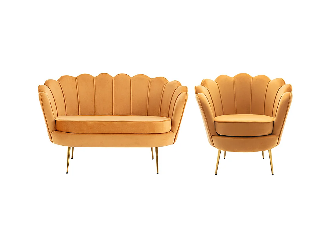 2-personers sofa og muslingelænestol i sennepsgul velour DANDELION fra Pascal Morabito