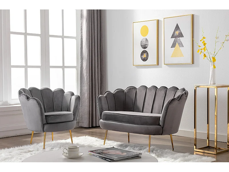 Conjunto sofá de 2 lugares e poltrona concha em veludo antracite DANDELION