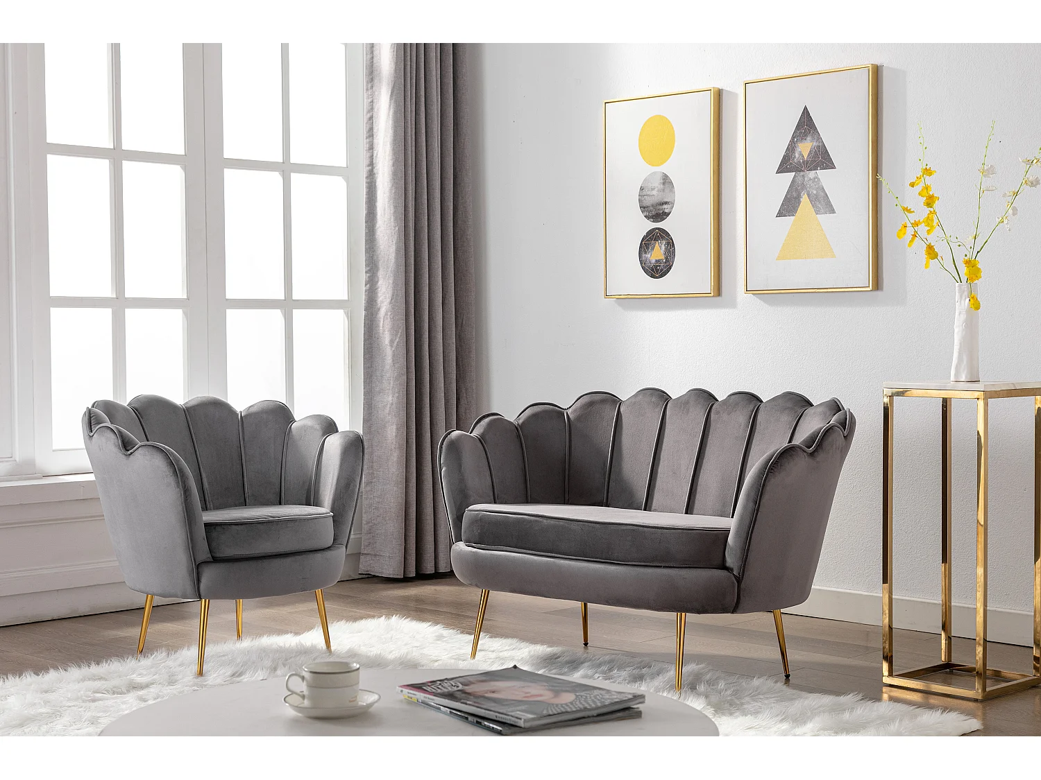 Couchgarnitur Muschel 2+1 - Samt - Anthrazit - DANDELION