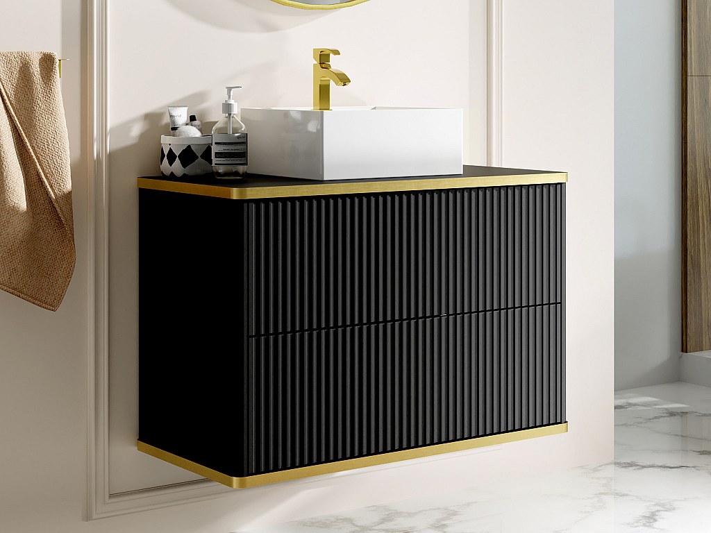 Waschbeckenunterschrank hängend mit Aufsatzwaschbecken - Streifenoptik - Goldfarbene Umrandung - Schwarz - 80 cm - KELIZA