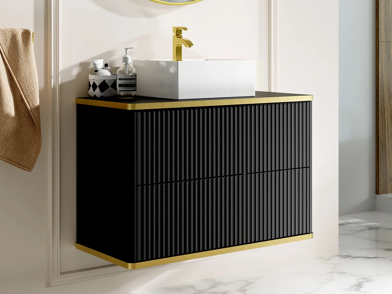 Meuble de salle de bain suspendu strié liseré doré avec vasque à poser carrée - Noir - 80 cm - KELIZA