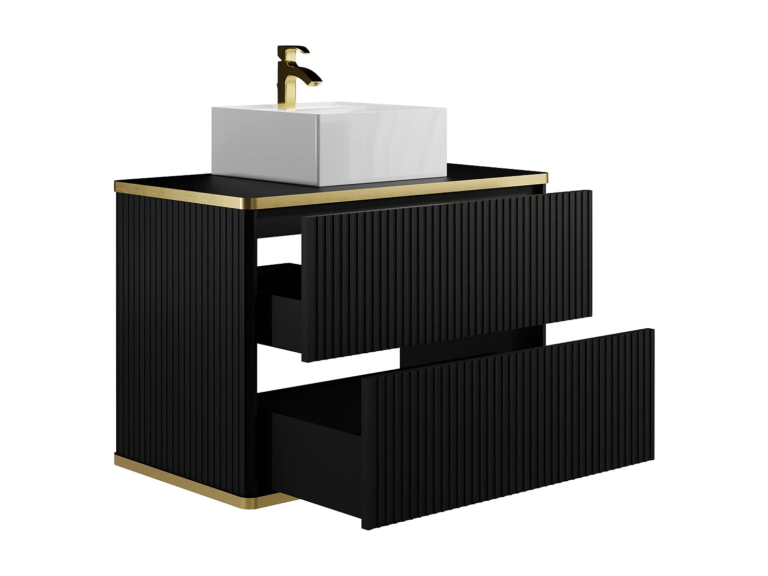 Meuble de salle de bain suspendu strié liseré doré avec vasque à poser carrée - Noir - 80 cm - KELIZA