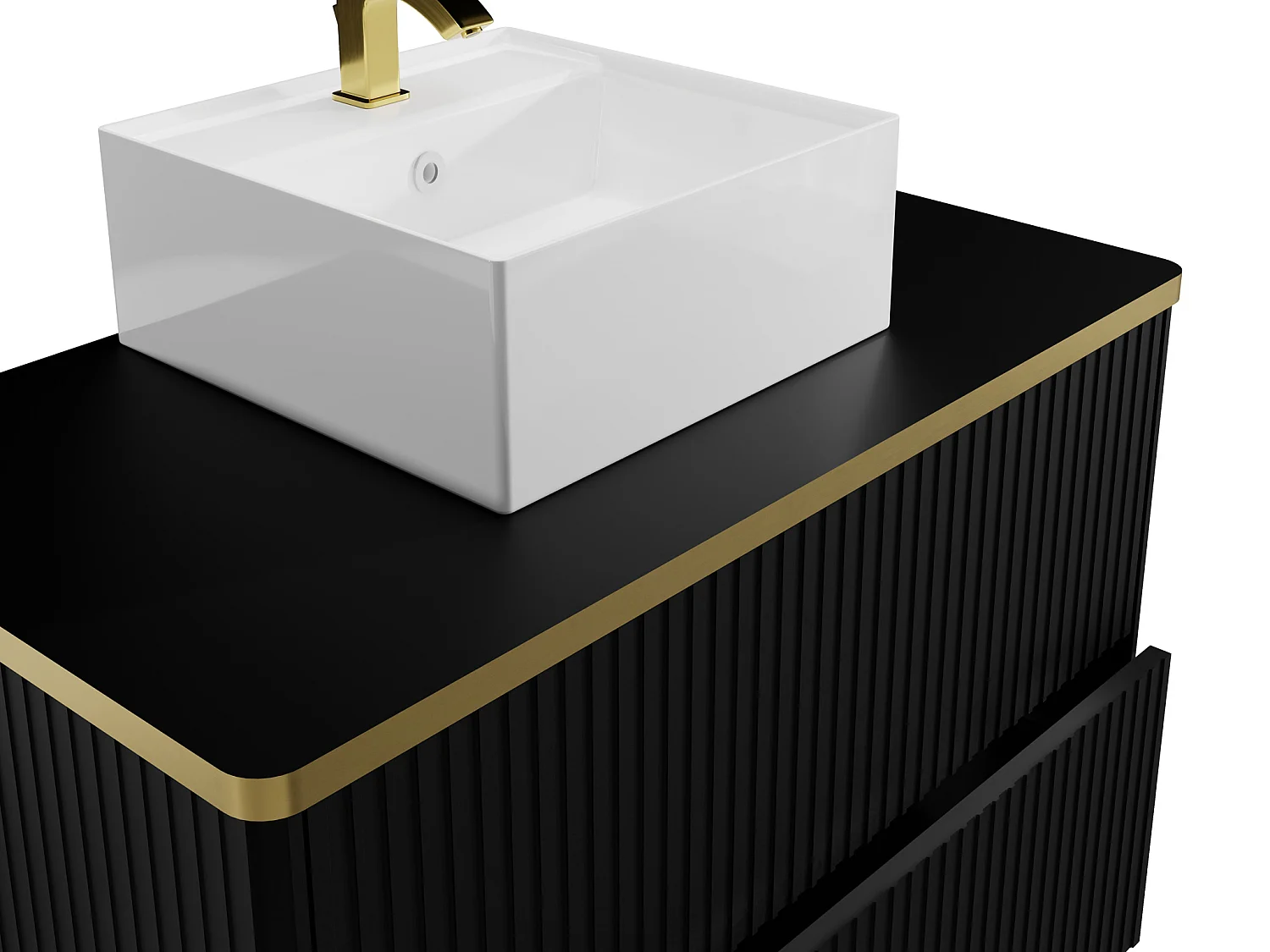 Meuble de salle de bain suspendu strié liseré doré avec vasque à poser carrée - Noir - 80 cm - KELIZA
